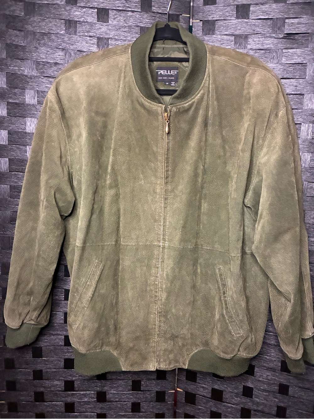 Pelle New York Milano Olive Leather Bomber Jacket with Ribbed Trim